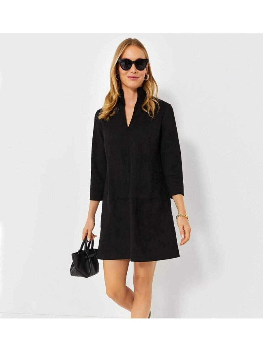 Tuckernuck Black Suede Stretch Clifton Dress S Small Mini Length V-Neck Shift